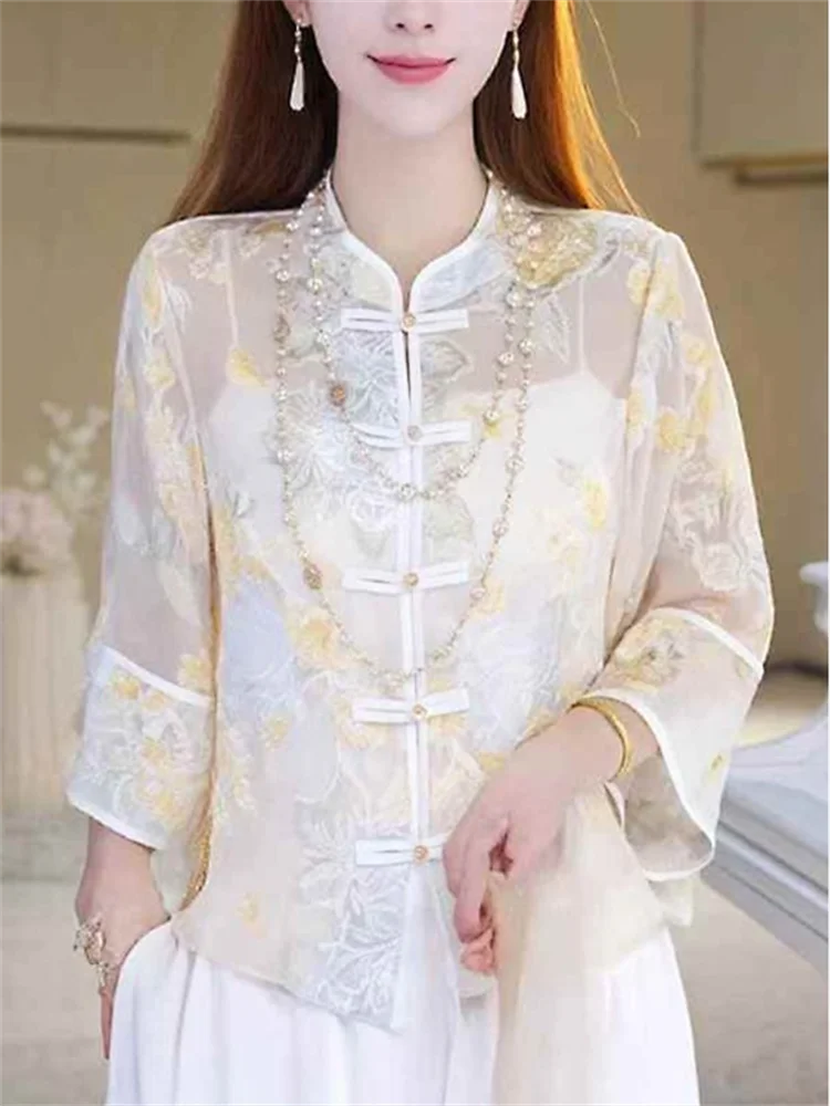 Thin Chinese Bloouse Ladies Shirt Outerwear Retro Button Top Spring Summer Blous Sun-protective Shirt Elegant Female Shirts