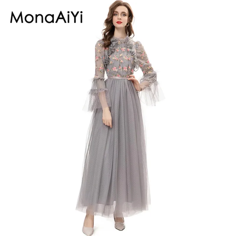 

MonaAiYi Fashion Design Spring Summer Women's Dress Flare Sleeved Mesh Embroidery Flounced Edge S-3XL Dresses