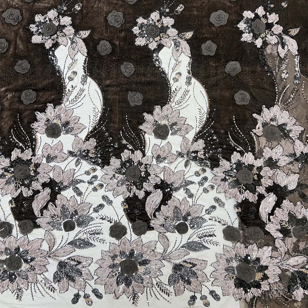 バーガンディアフリカレース生地ベルベットフローラル刺繍高品質 - Embroidery Ai のレビューと価格