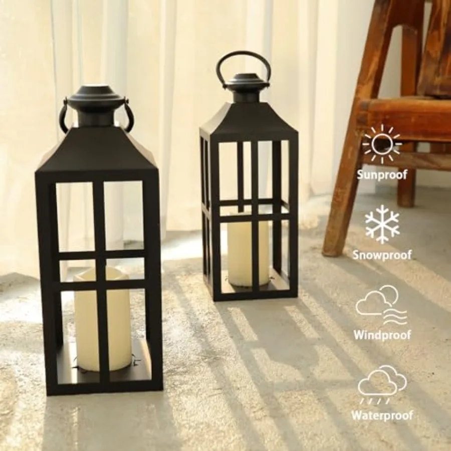 2 Pack Black Metal Lantern with LED Candle, Battery Operated, 17.7 Inch Tall Decorative Candle Holder, for Indoor and Outdoor U