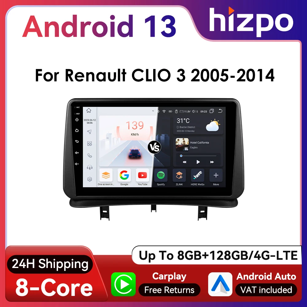 Hizpo 2Din 9inch CarPlay Android Auto Car Radio for Renault Clio 3 2005 - 2014 UI7862 Multimedia RDS DSP 4G CarPlay SWC GPS Navi