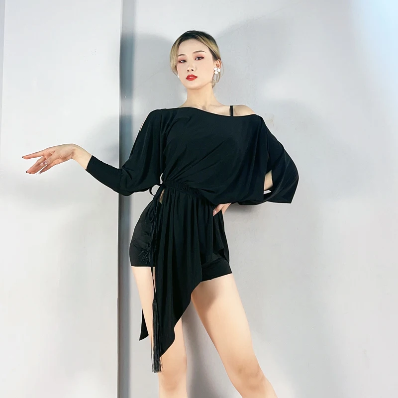 

Женское платье для латиноамериканских танцев, черное свободное платье с разрезом, одежда для тренировок для взрослых, DQL7857, 2024