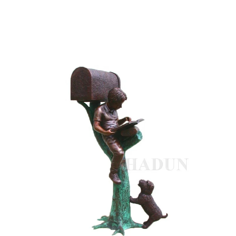 Factory Custom Outdoor Decorative Bronze Brass Metal Boy Statue Sitting On The Mailbox Sculpture For Sale