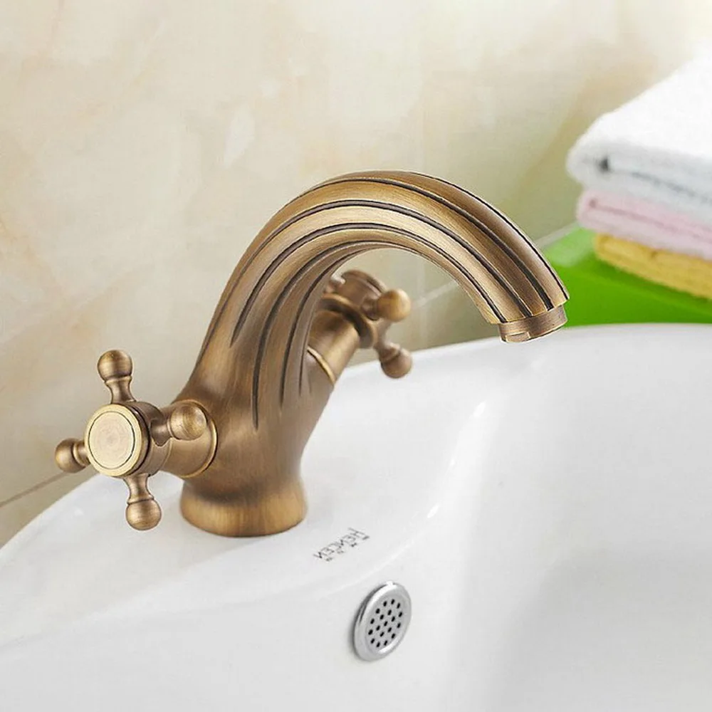 

Antique Brass Washbasin Faucet Dual Handle Single Hole Deck Mount Bathroom Sink Faucets Lavatory Cold Hot Water Taps Dnf026