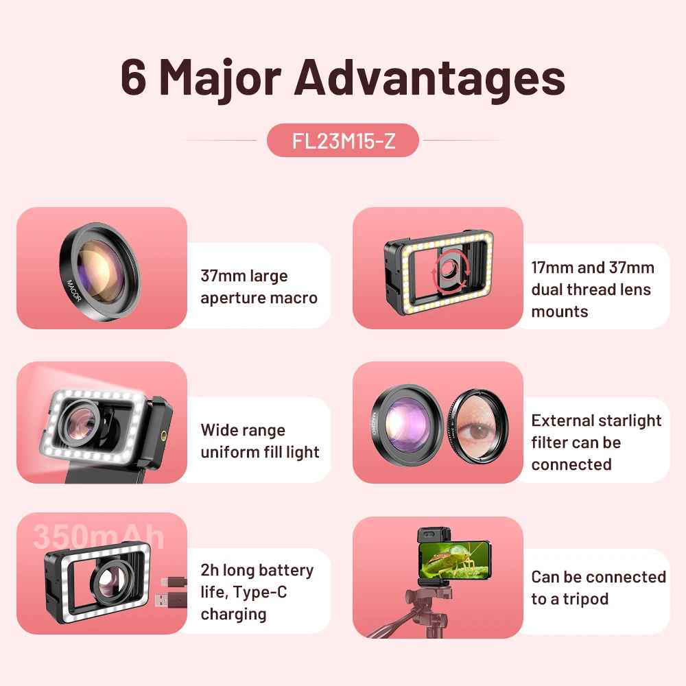 APEXEL New Upgrated HD 15x macro lens With LED Fill Light Universal Clamp Clip Micro Lenses for iPhone Samsung all Smartphones