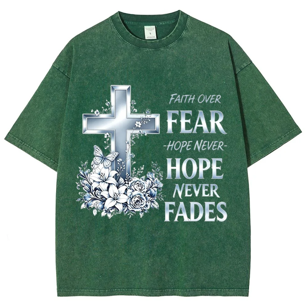 Acid Washed Graphic Tee Women Faith Over Fear Cross Flower Butterfly Print Vintage Christian Religious Hope Never Fades Loose
