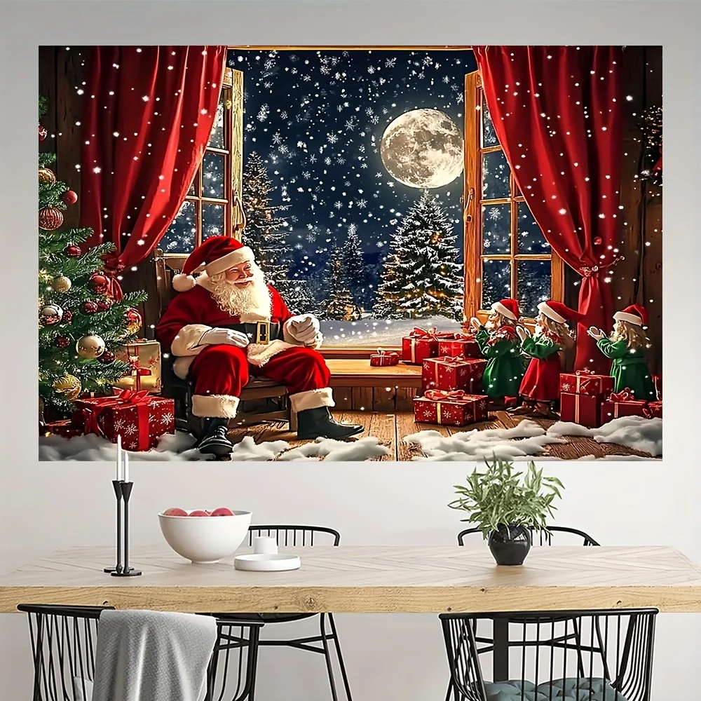 2D flat banner, 1 piece, a festive background of Santa Claus and Christmas tree, a festive home decoration banner