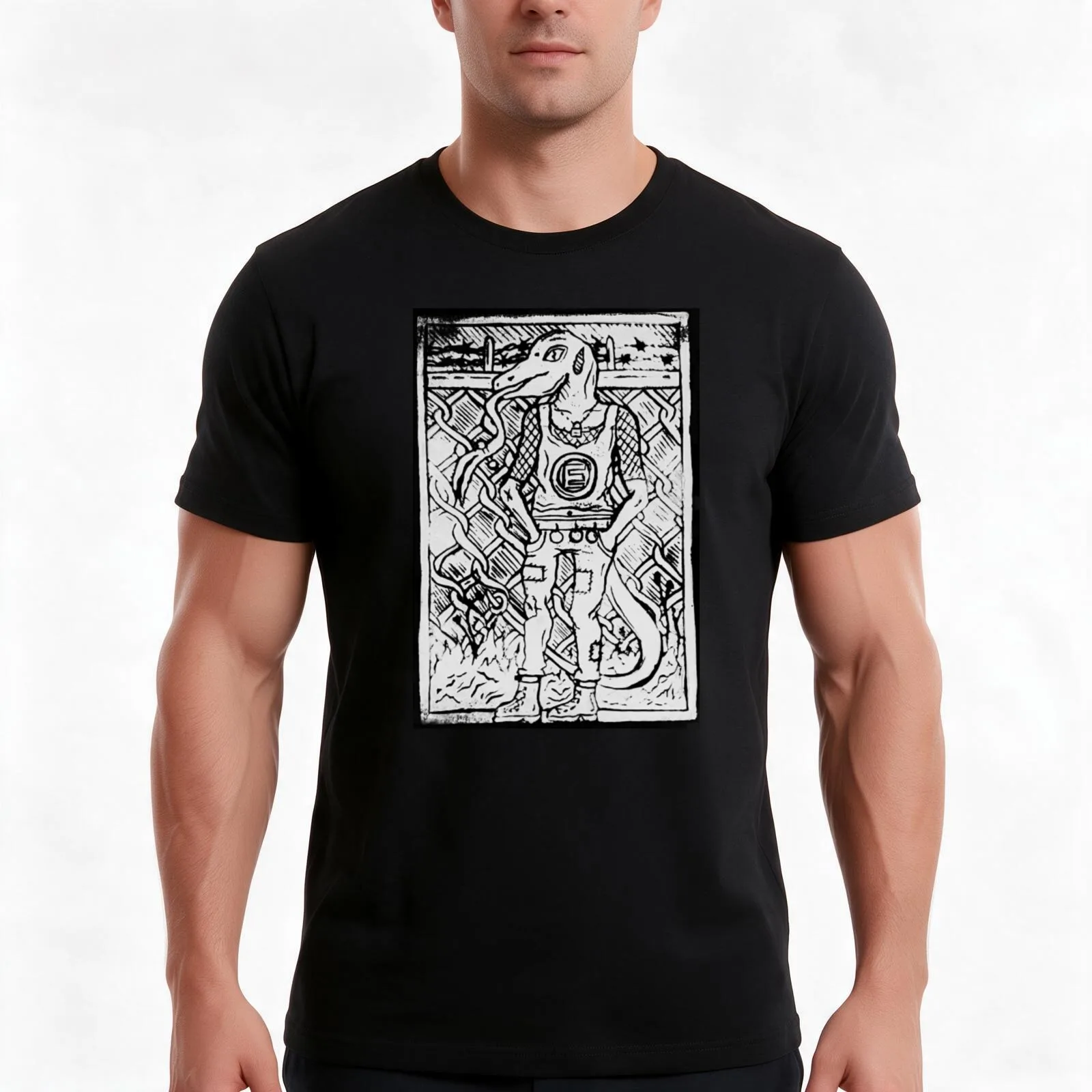 T-shirt imprimé avec une image de lézard, motif linogravure, style décontracté d’été, en coton, coupe ample, style streetwear, imprimé graphique vintage, 100 % coton.