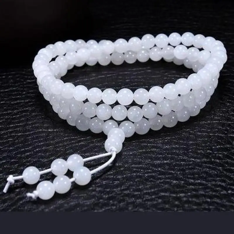 Genuine Natural Hetian White Jade Bracelet Women Men 108 Round Jades Stone Beads Elastic Beaded Multi-turn Bracelets Lady Bangle