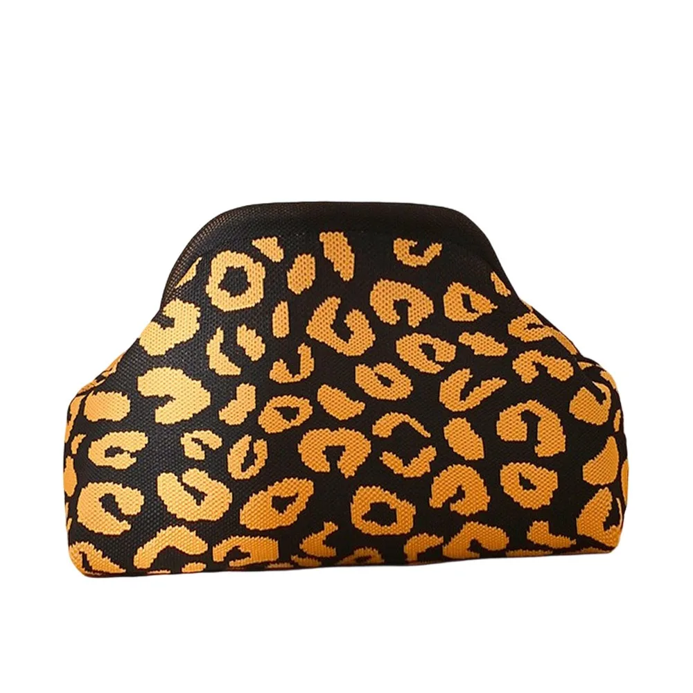 Fashion Polyester Clutch Bag Leopard Print Large Capacity Clip Bag Clip Closure Knitted Fabric Cosmetic Bag Cosmetic Storage