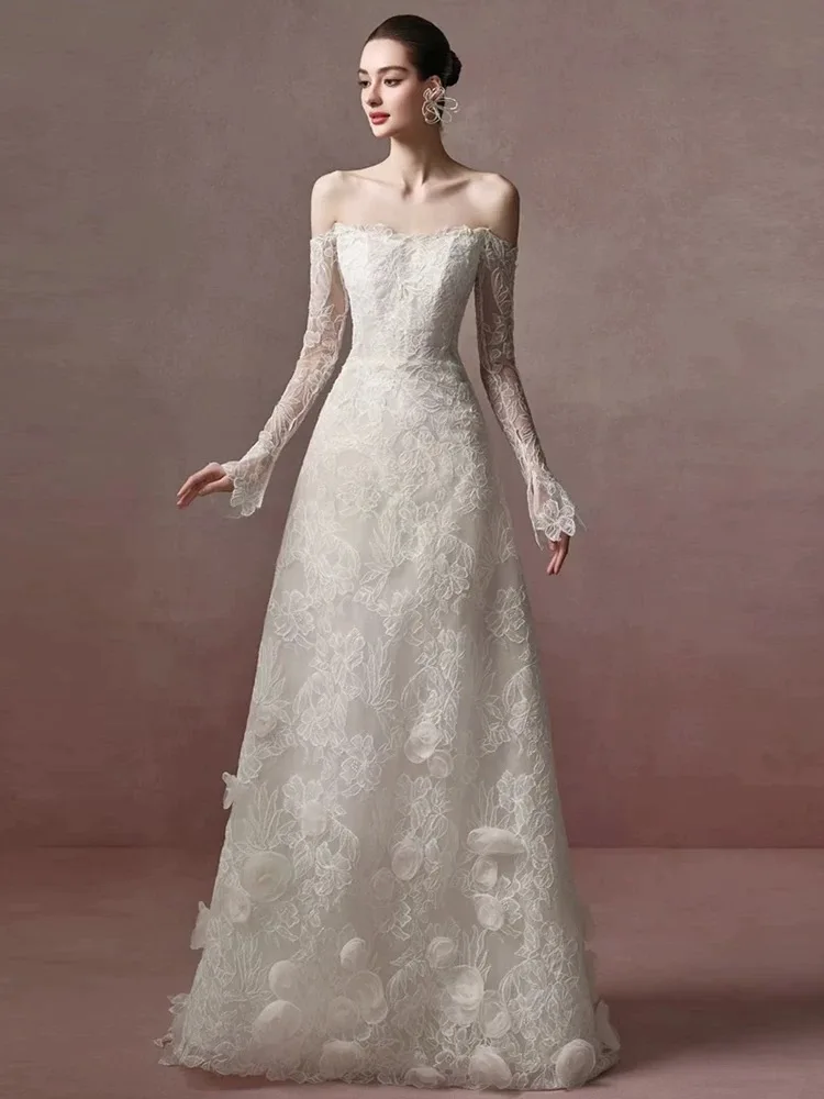

Customized 2026 Elegant Ivory Lace A-Line Wedding Dress Sweetheart Neckline Off The Shoulder Long Sleeves Vestidos De Novias