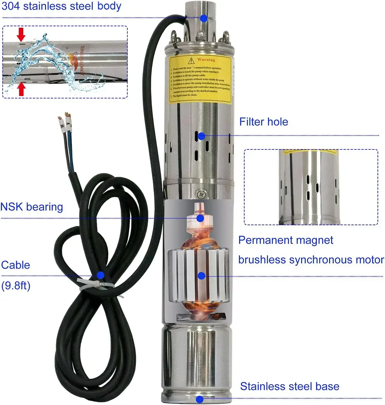 JENENSERIES Pump 500W DC 48V Solar Water Pumps, Max head 393ft,7.9GPM Flow，3 inch Solar deep well submersible Pumps