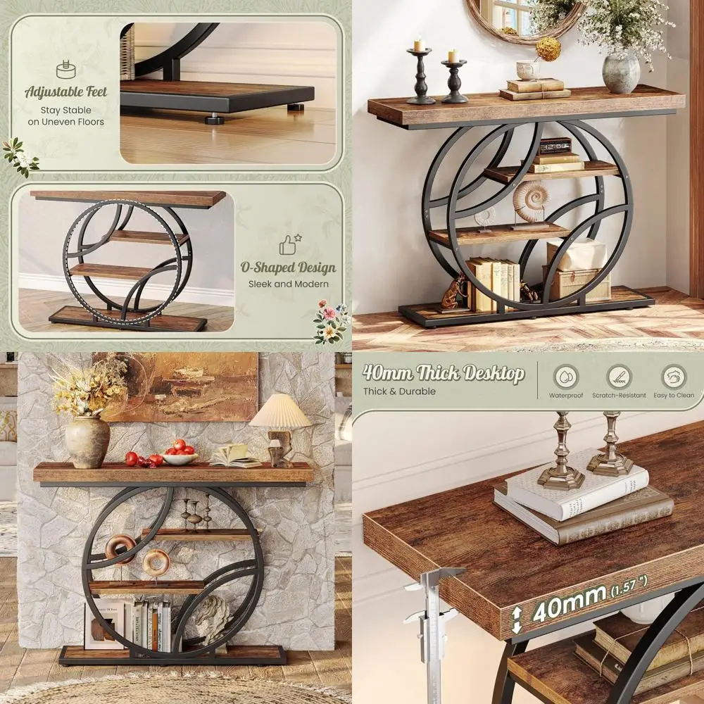 طاولة كونسول بنية ريفية صناعية مع مساحة تخزين، طاولة أريكة مدخل 41.3، طاولة مميزة للممر والردهة والمدخل #1