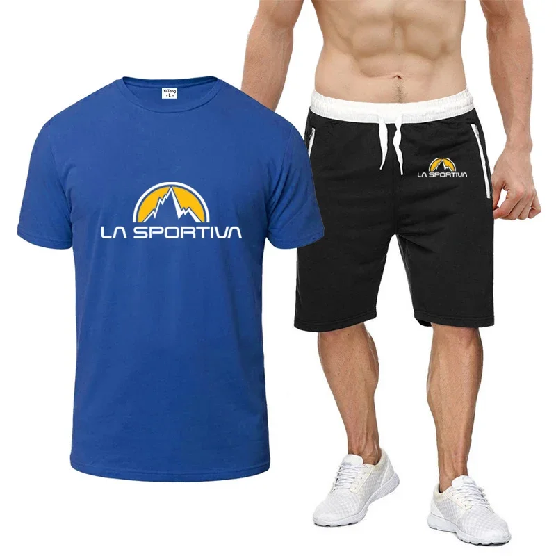 Men\'s crewneck breathable T-shirt with La Sportiva logo, casual sports shorts, solid file suit, Summer 2024 fashion