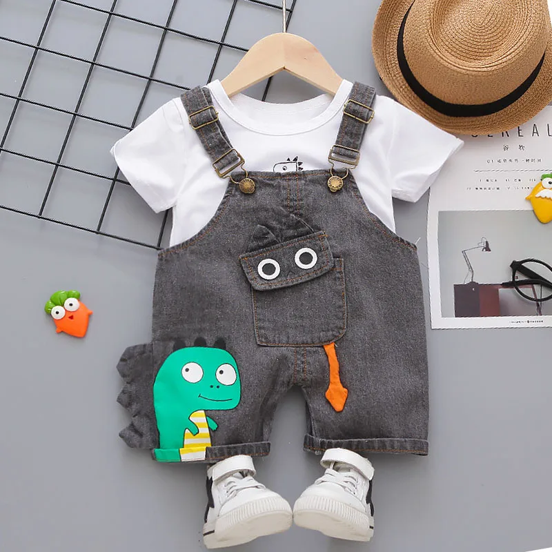 Summer Baby Boys Clothes Suit Toddler Kids Jumpsuit Boys Suspender Denim Shorts&Tshirt 2 pcs Sets Children Clothes Elastic Jeans