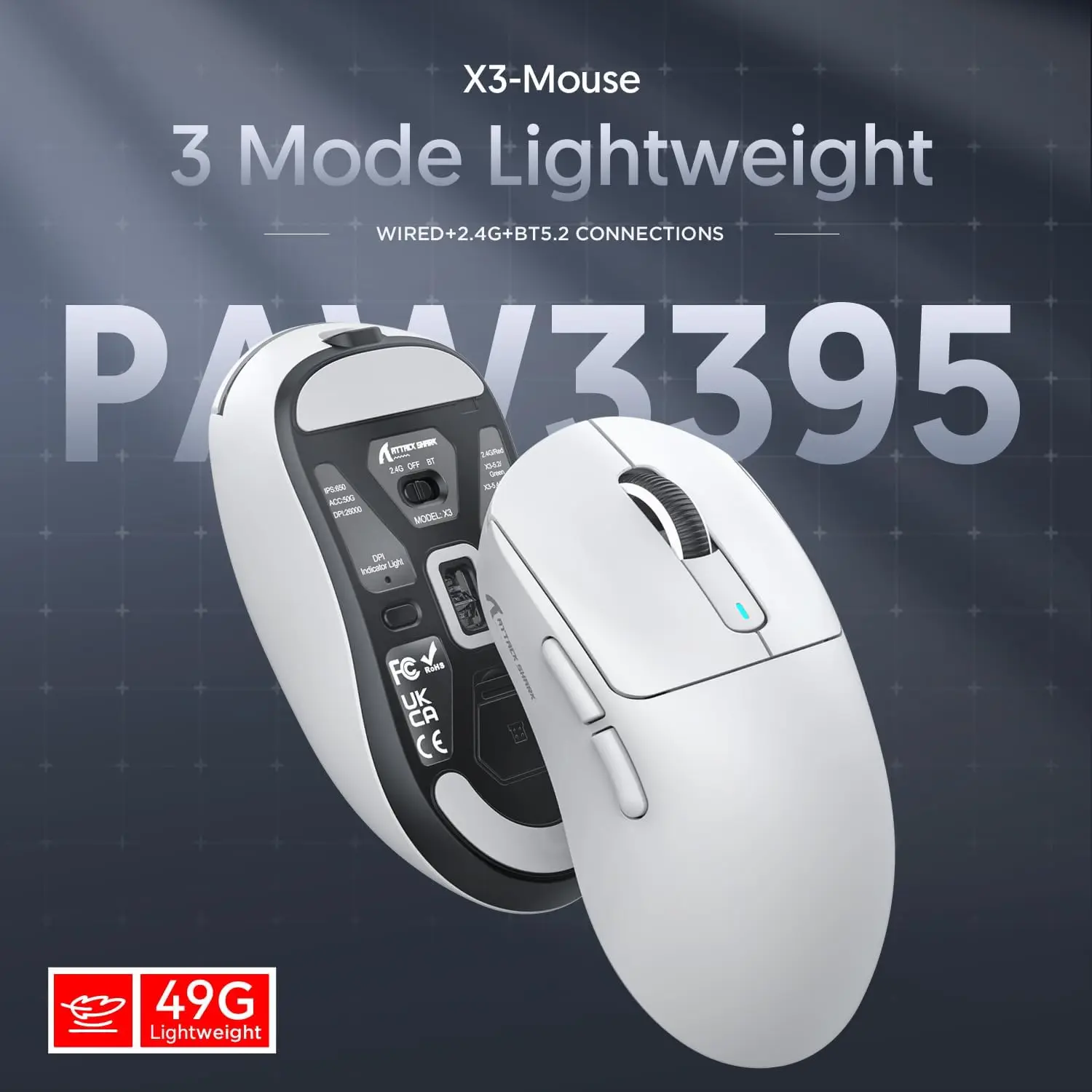 Imagem -05 - Ataque Shark x3 Mouse para Jogos sem Fio Superlight bt 2.4g com Fio Dpi Ajustável até 26000 Pixel Art Paw3395 49g