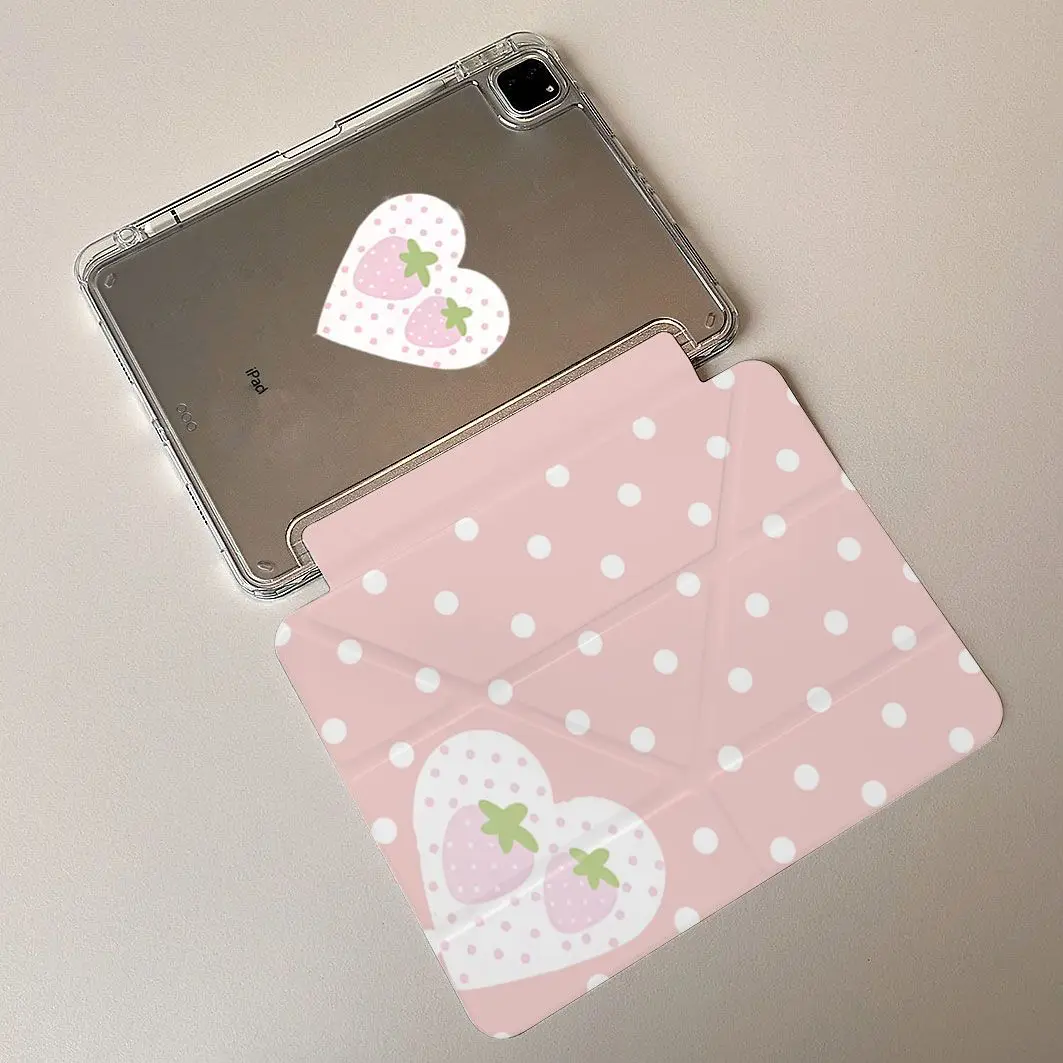 Ins Love Wave Dot Strawberry iPad Case For iPad Pro 11 13in 2025 iPad Pro 12.9in Air7 10th 11th M4 M5 3+Y Fold Protective Cover