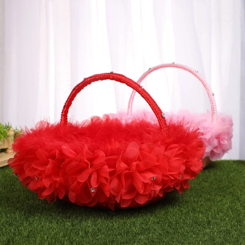 Wedding Flower Girl Baskets Red or Pink Small Piece Flower Basket Satin Ostrich Fluff Lace Handle Faux Flowers Decor