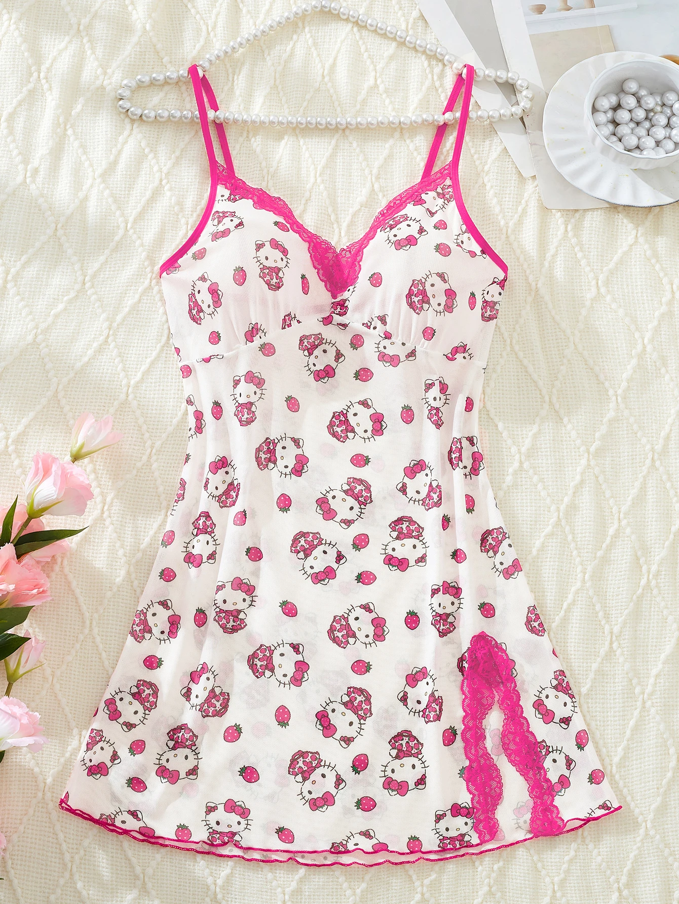 Sanrio Hello Kitty Dessous für Damen, rosa, niedlicher Digitaldruck, sexy Schlafkleid, Nachthemd mit Hosenträgern, kontrastierende Spitze, Seitenschlitz