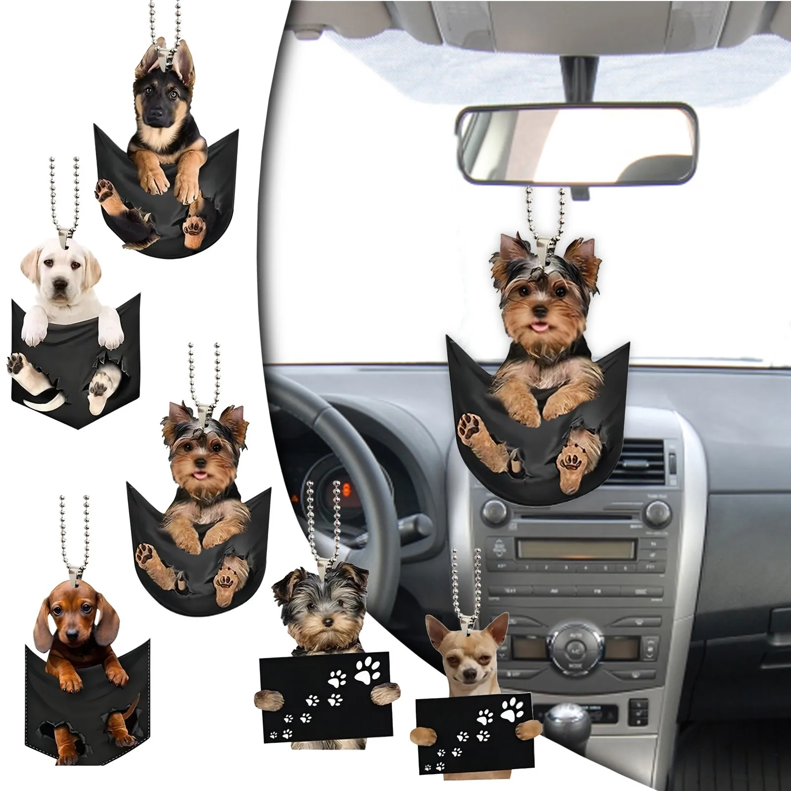 

Creative Cute Cloth Bag Puppy Car Rearview Mirror Pendant Backpack Kawaii Keychain Accessories Home Decorations Dog Pendants