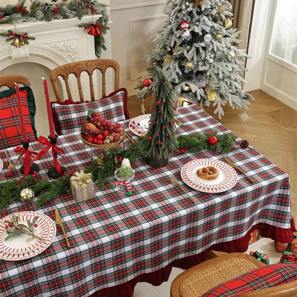 Vintage-Inspired Plaid Tablecloth with Decorative Ruffle Border Suitable for Holiday Tables 140x140cm and 140x200cm Sizes