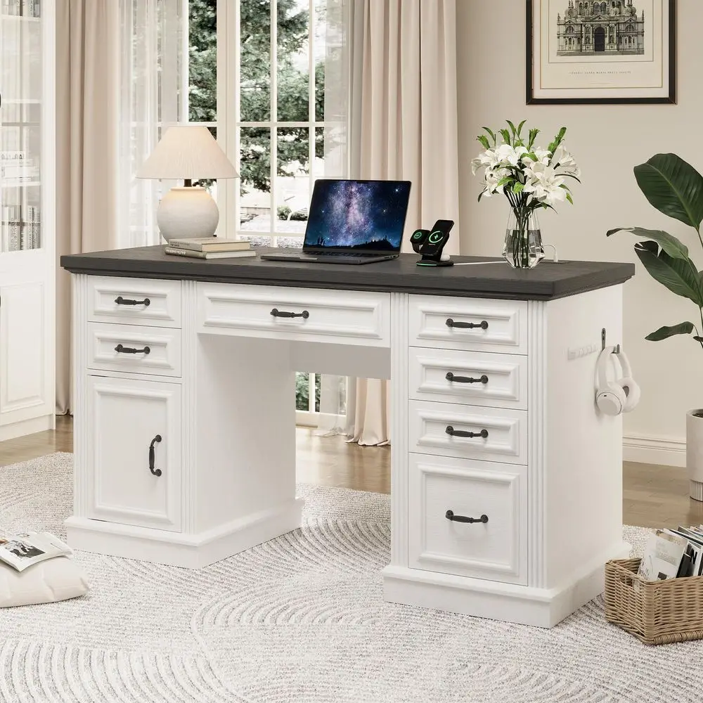 Farmhouse 57 Executive Desk with 7 Drawers, Home Office Desk with File Cabinet Storage, Computer Desk with Charging Station and