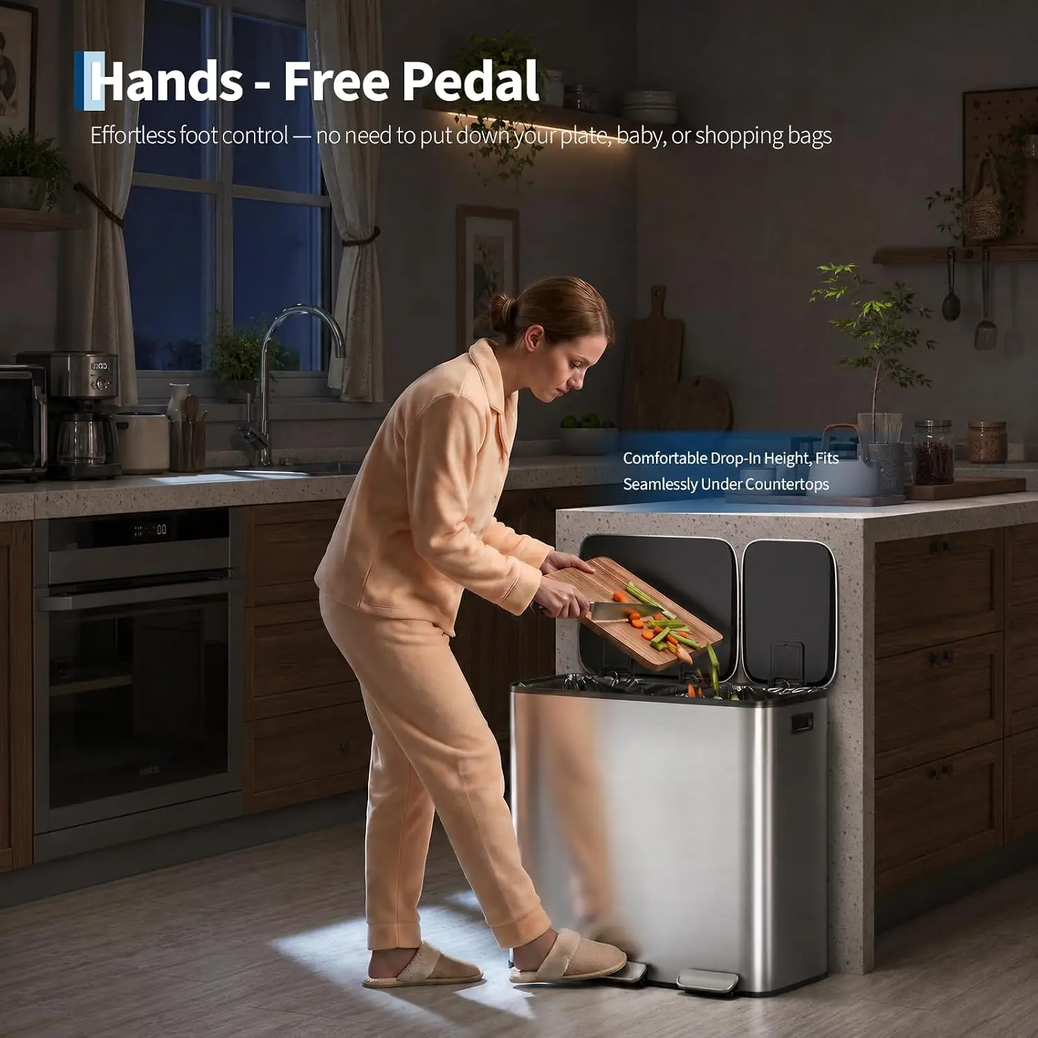 13.2 + 5.2 Gal Dual Kitchen Trash Can, Stainless Steel Step-On Garbage Can with Soft Close Lid, Large Double Recycling Bin with 2 Removable Inner Buckets, Silver