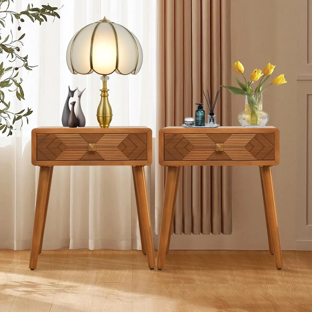 

Nightstand with Drawer Set of 2, Brown Bedside Tables with Storage, Rustic Night Stands, Small End Table for