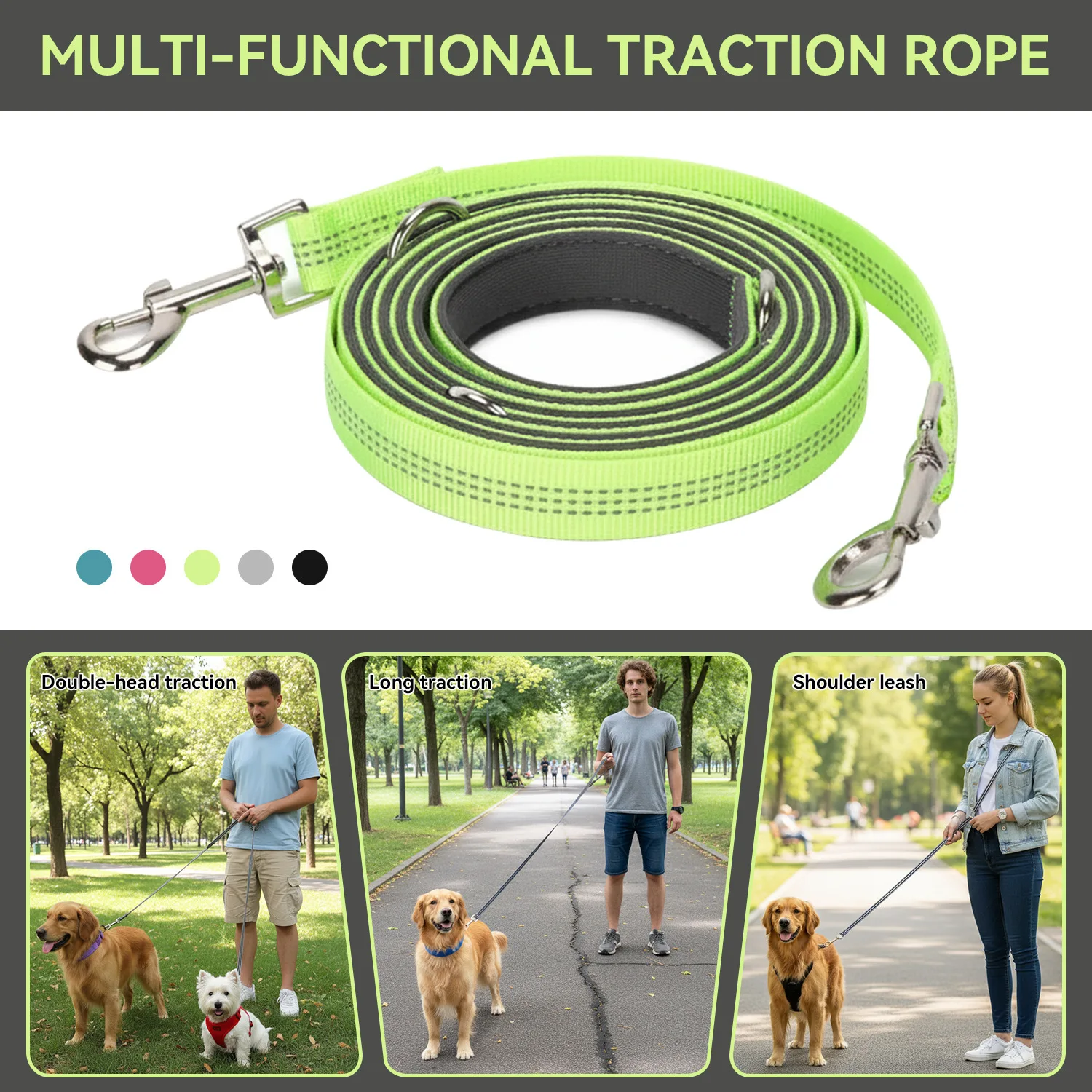 

Diving cloth Padded Dog Leash Double Head two dog Leashes Reflective Adjustable Long Short rope Dog running Training Leads