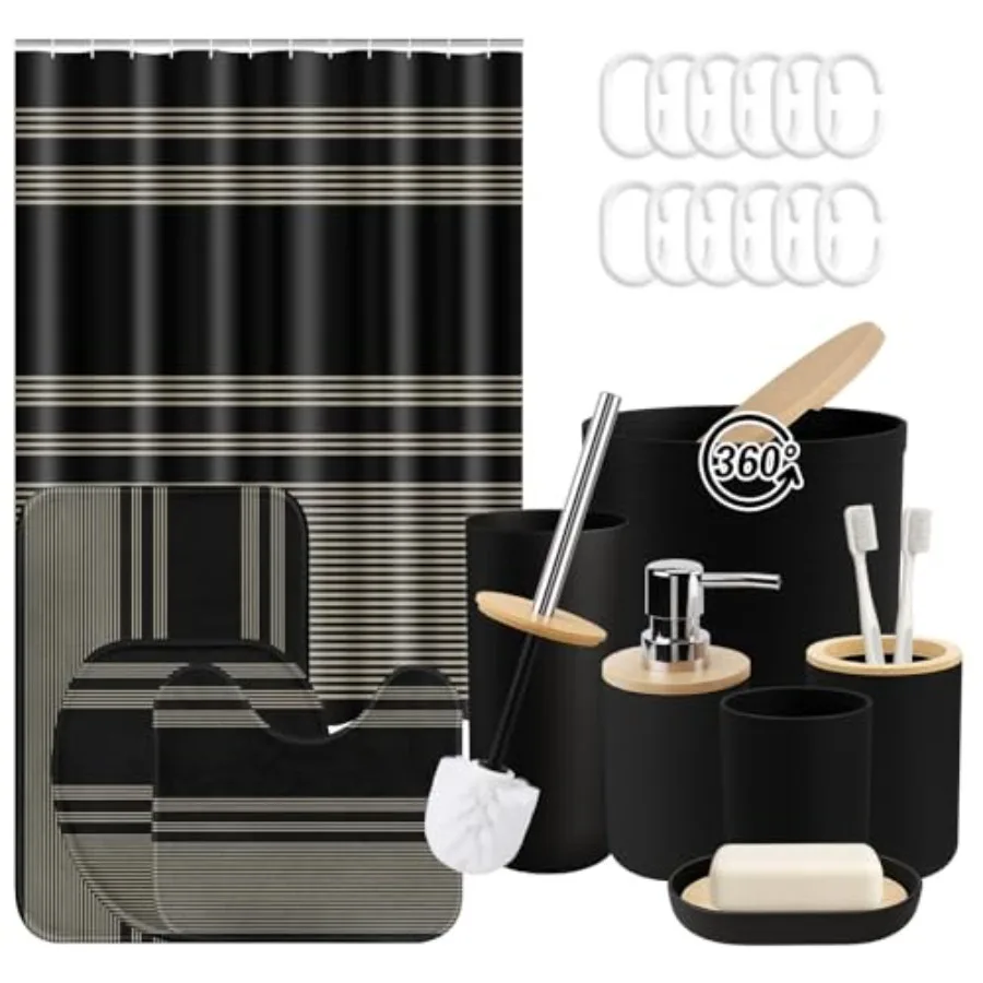 

Black Bathroom Decor and Accessories Set Shower Curtain and Rug Set with Trash Can Soap Dispenser Soap Dish Toothbrush Holder T