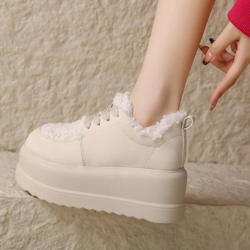 

7.5CM New Winter Warm Casual Leather Boots Heels Women High Platform Fur Sneakers Thick Sole Plush Sport Dad Shoes Zapatos Mujer