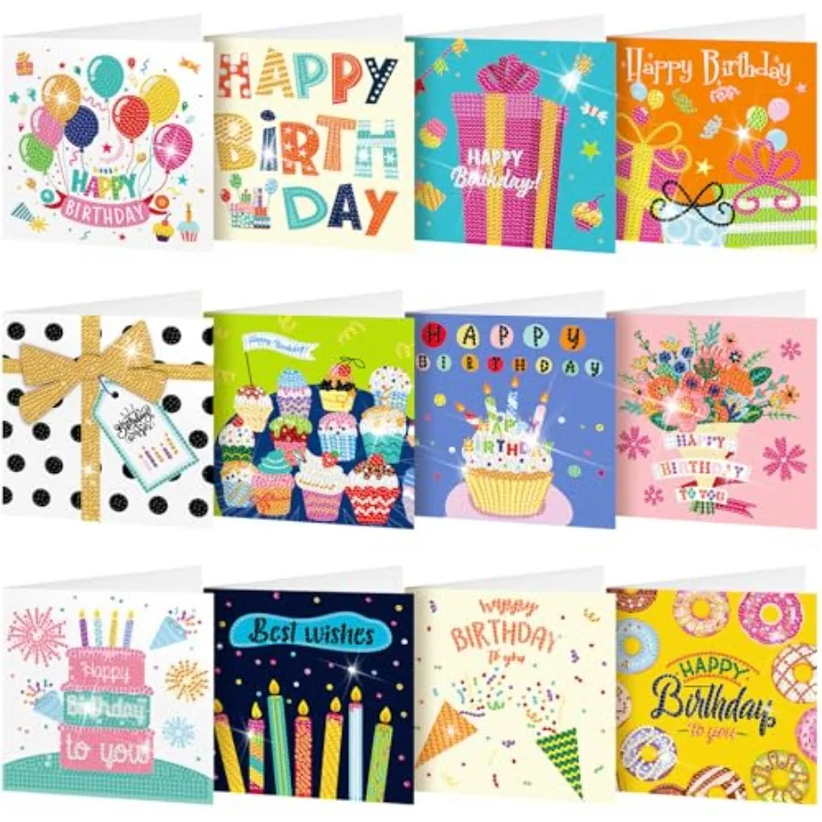 

12 Pack Happy Birthday Diamond Painting Greeting Card Kits DIY Diamond Art Cards with Envelopes Birthday Cake 5d Rhinestones Pa