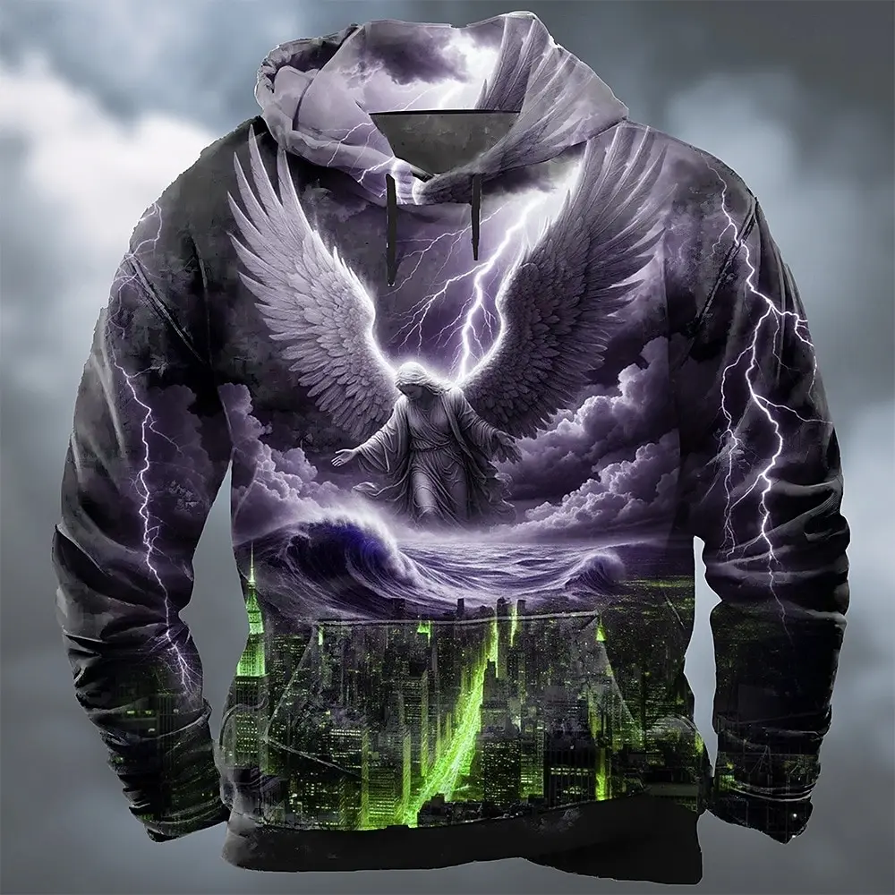 3Men 3D All Over Print Hoodie Angel Wing Lightning Ocean City Building Graphic Long Sleeve Streetwear Pullover Sweatshirt
