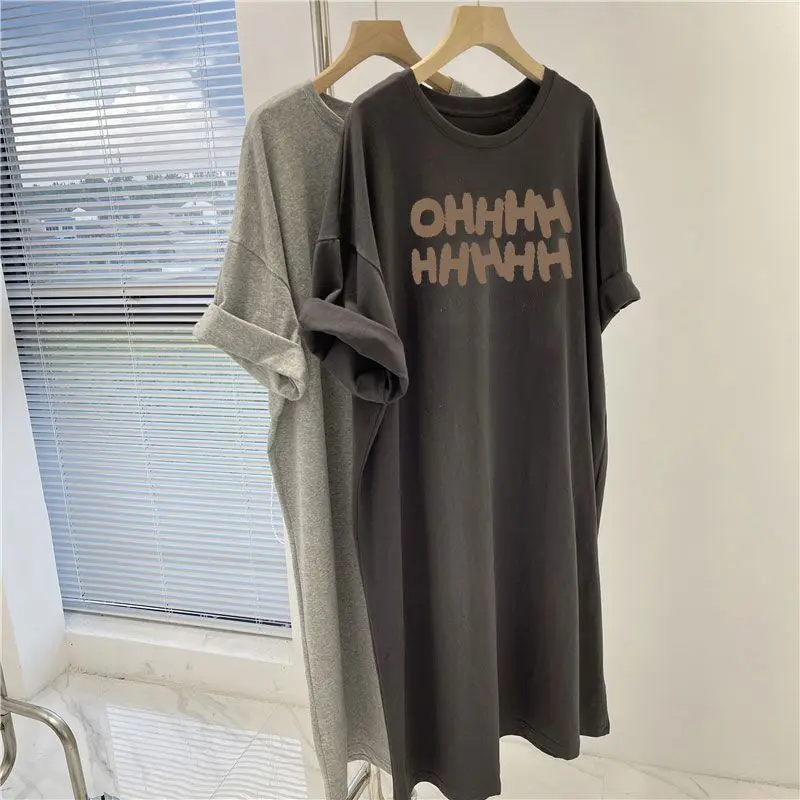 Summer Casual Loose Short Sleeve Dresses Women Simple All-match Chic Printed O-neck Tunic Vintage Comfortable Dresses