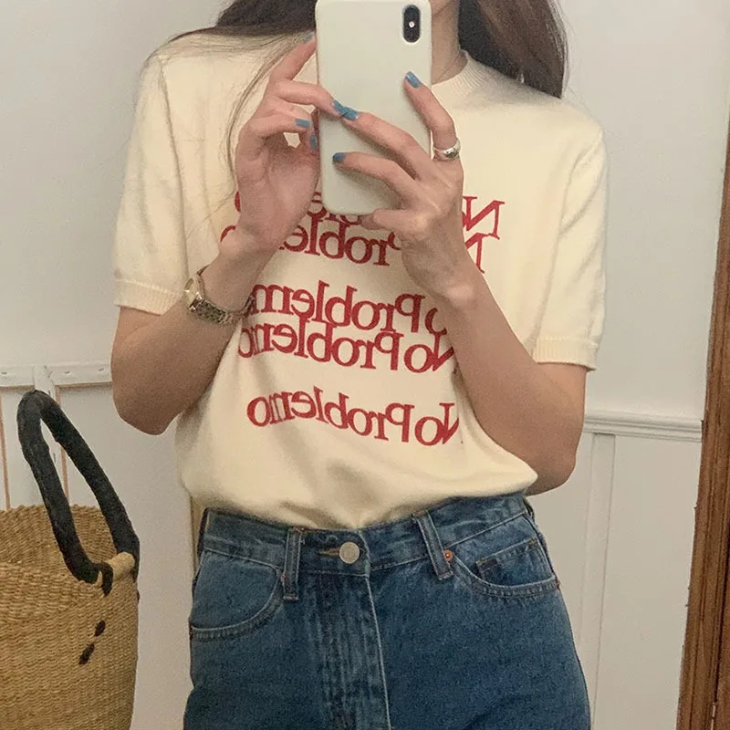 Letter Print Korean Fashion Knitted Tops Women Vintage Slim Short Sleeve T-shirts Loose O Neck Y2k Aesthetic Cropped Top Sweater