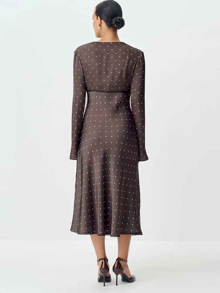 Oniflyme Abito lungo da donna in raso con scollo a V sexy con stampa a pois Abito lungo da donna con patchwork bianco a maniche lunghe in pizzo sottile ed elegante