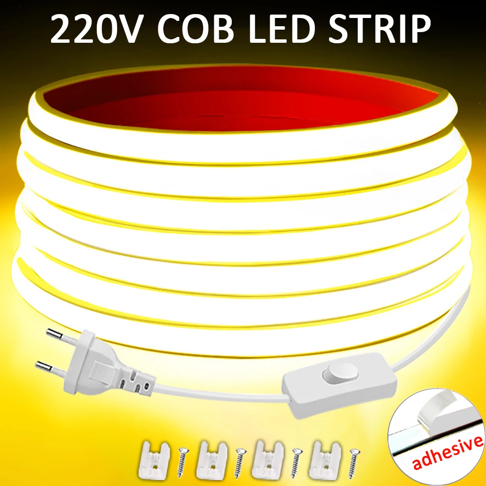 רצועת לד 220V בהירות גבוהה COB LED רצועת לד 220V סרט גמיש לתאורת חדר שינה מטבח