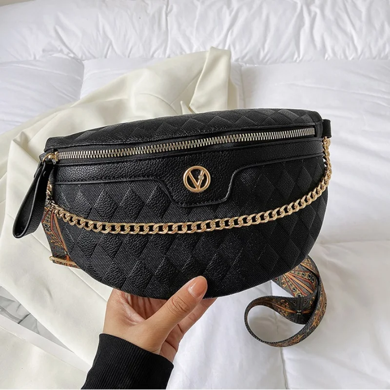 Elegant Diamond Lattice PU Leather Chain Waist Bag For Women Stylish Waist Pack Female Fanny Pack Wide Strap Crossbody Chest Bag