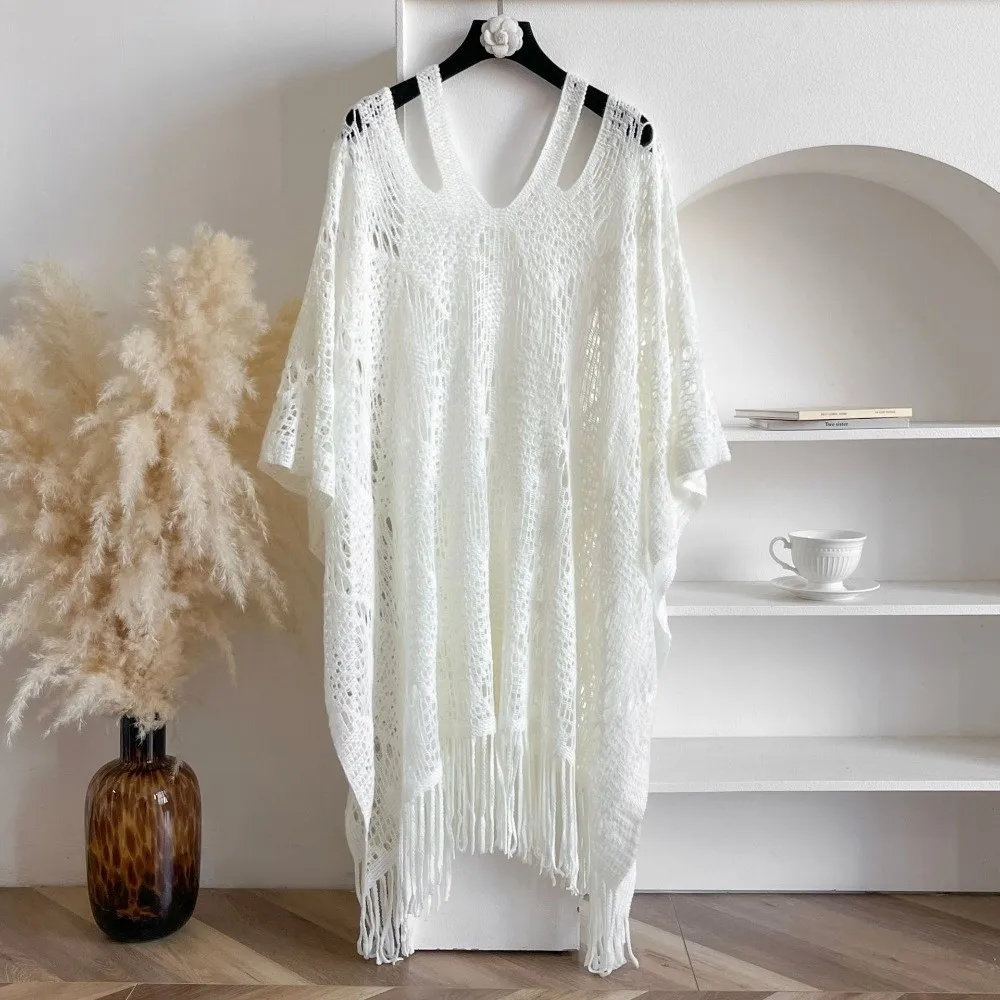 

Простая пляжная накидка-шаль в богемном стиле с защитой от солнца, с кисточками, большого размера, вязаная, ажурная, свободного кроя, для пляжа, летняя, женская