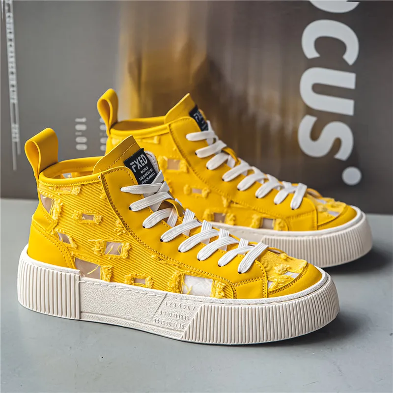 

New Design Yellow Men's Casual Canvas Shoes Lace-Up Platform High-Top Sneakers Man Street Versatile Skateboarding Shoes For Men