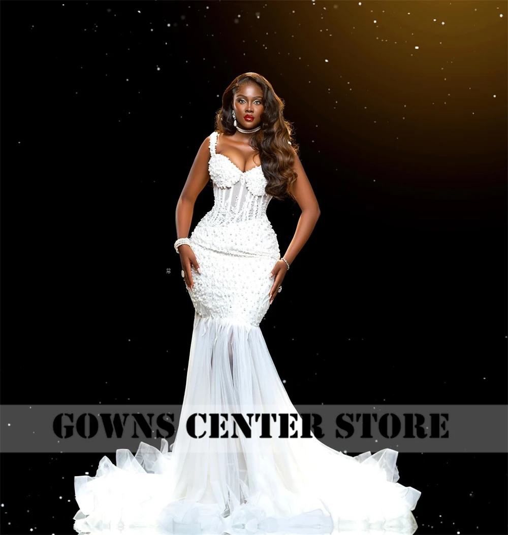 Luxe witte kralen parels Afrikaanse Aso Ebi trouwjurk spaghetti luxe 2024 verlovingsjurk zeemeermin formele jurk op maat