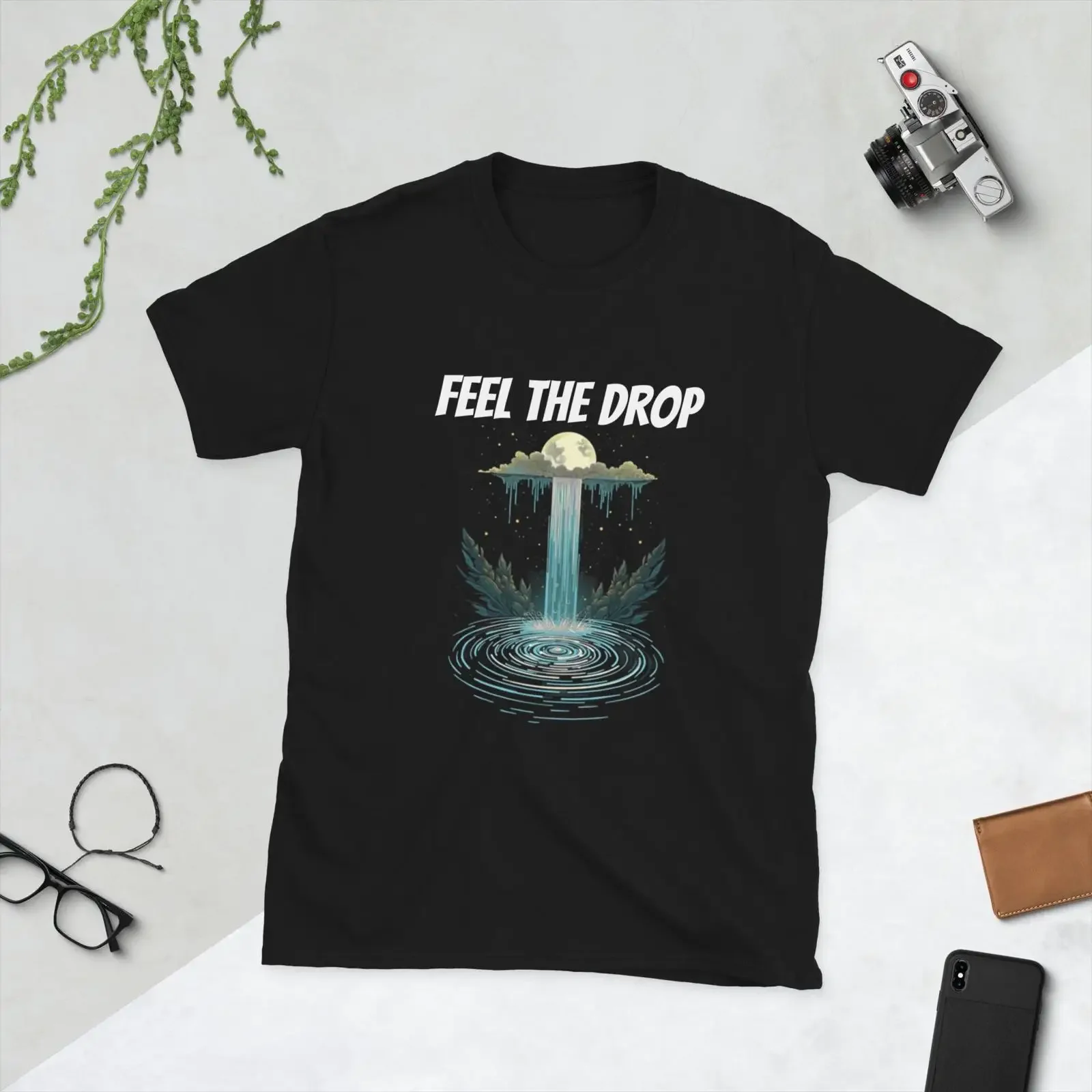 Spüren Sie den Fall T-Shirt EDM Moon Waterfall Rave Vintage gewaschenes Herren-Oberteil für den Alltag, bequeme Streetwear, vielseitig einsetzbar