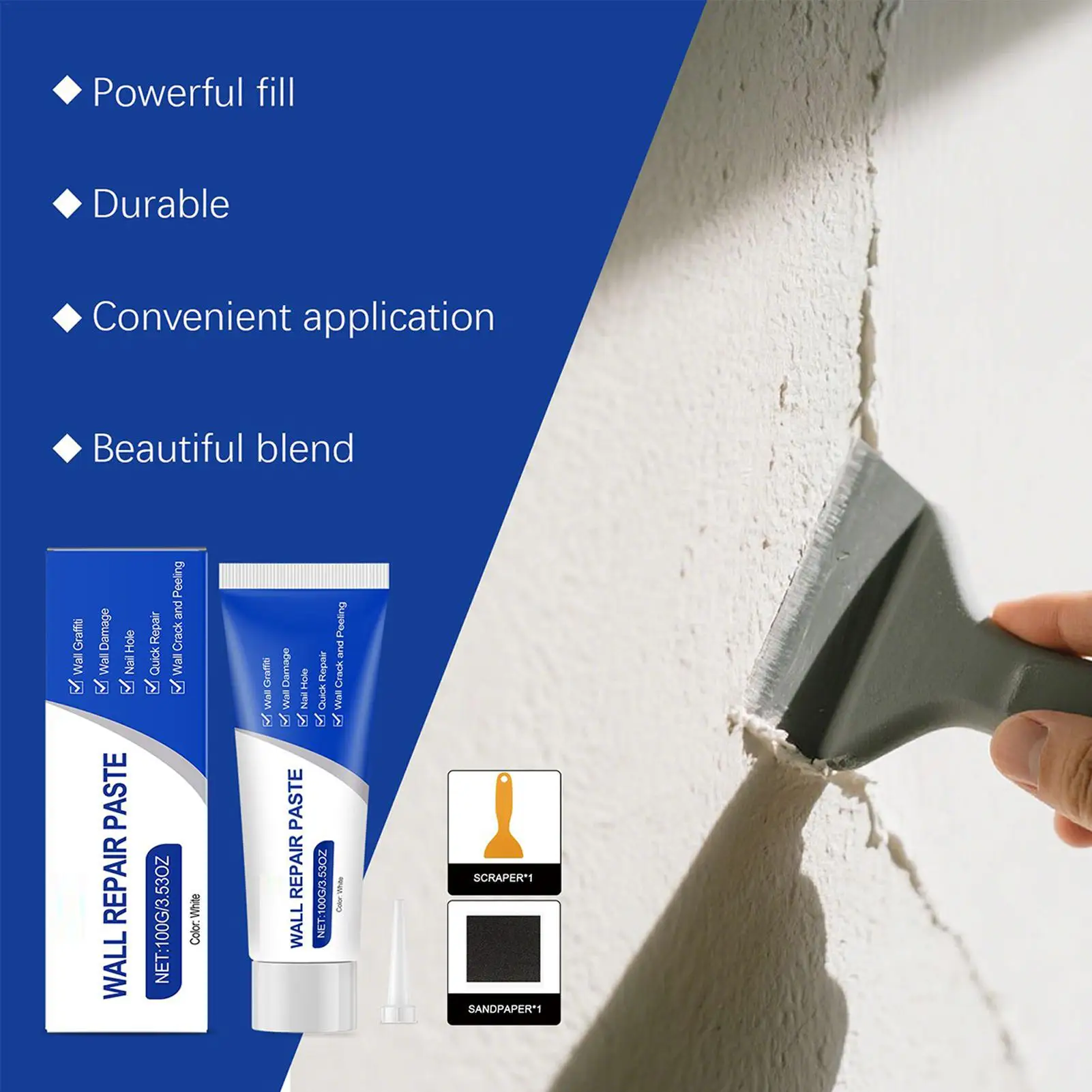Wall Repair Paste Spackling Putty 100g Large Hole Filler Drywall Crack Sealer Quick Dry for Ceiling Mending Paint Stain Cover