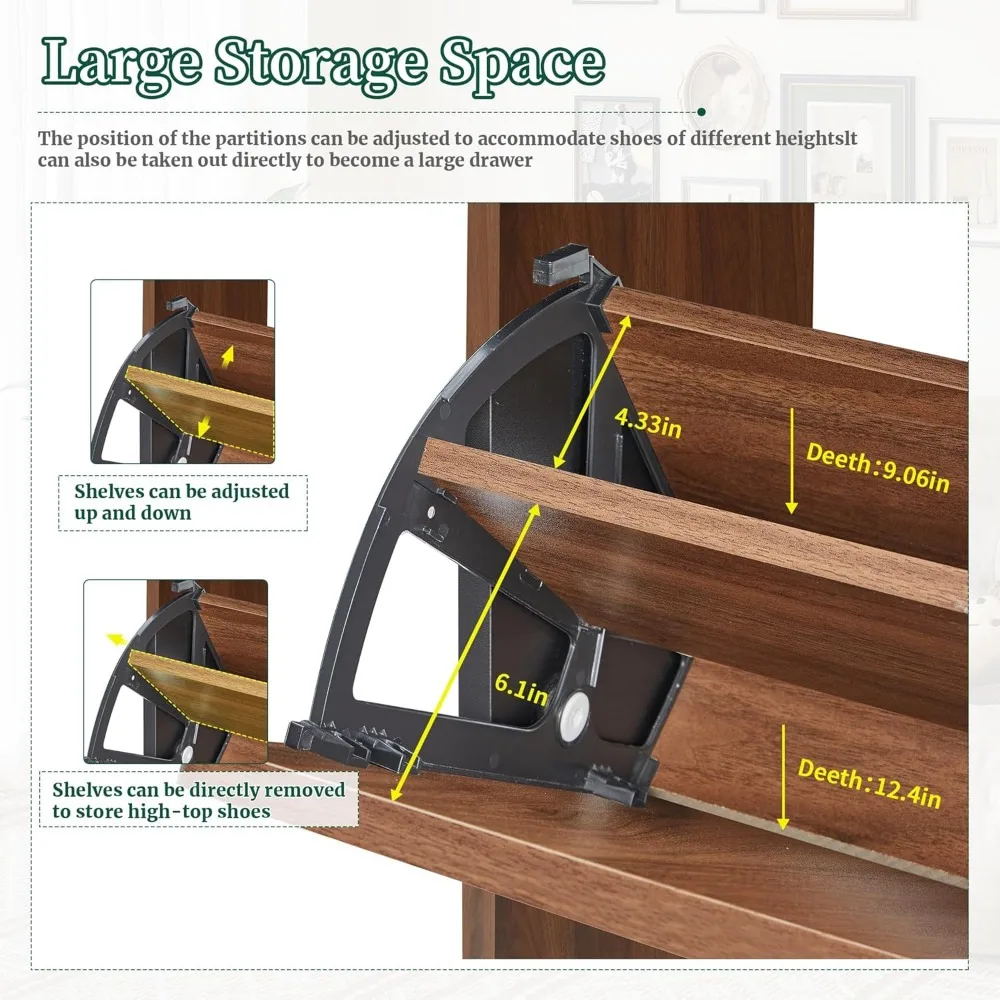 細身のウォールナット製シューズキャビネット、溝付きデザインと2つの跳ね上げ式引き出しで玄関収納に最適