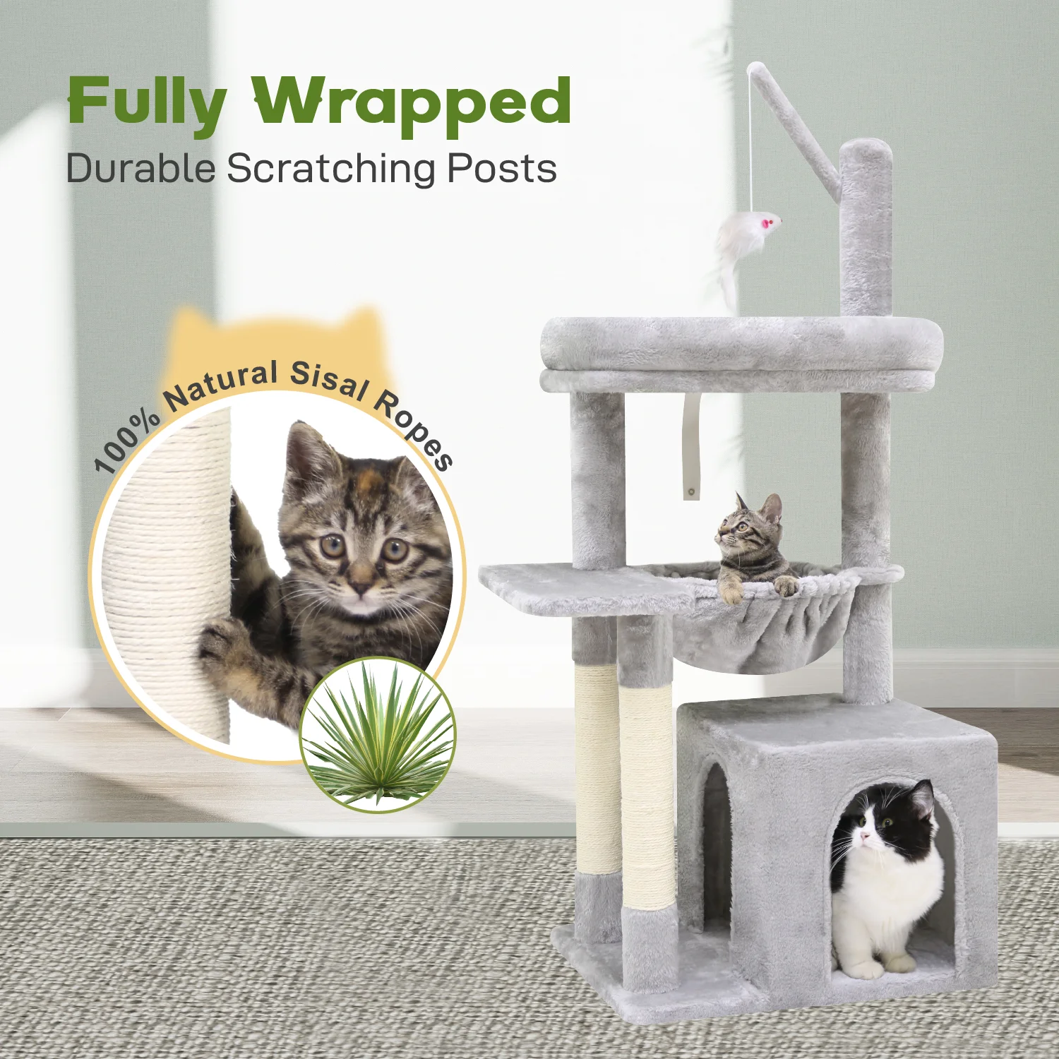 

F46A Cactus Cat Tree Tower | 46-Inch Sturdy Cat Condo with Scratching Posts, Hammock, and Anti-Tip Kit , Light Gray