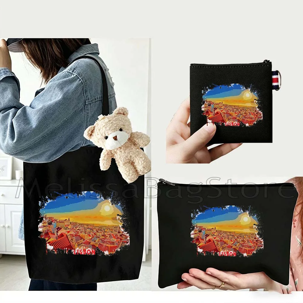 4PCS Gifts Set lisbon Portugal White Canvas Tote Bag Handbag with Doll Key Coin Purse Cosmetic Makeup Toilet Bag Case Pouch