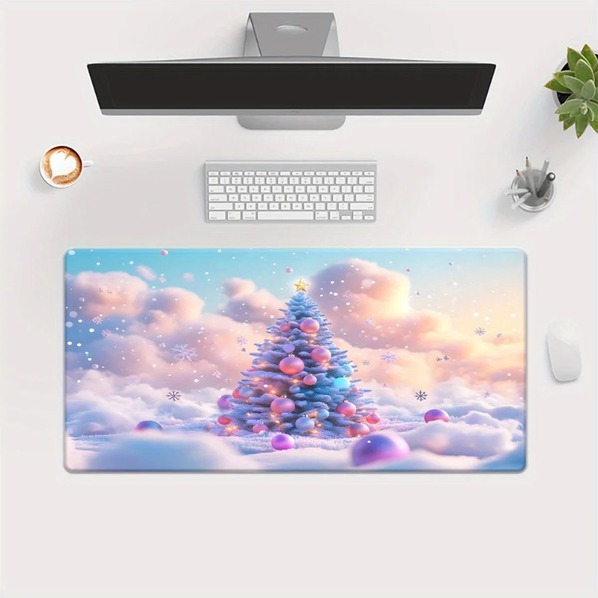 Christmas Tree on Pastel Clouds Extended Gaming Mouse Pad Soft Rubber Base Winter Wonderland Desk Mat