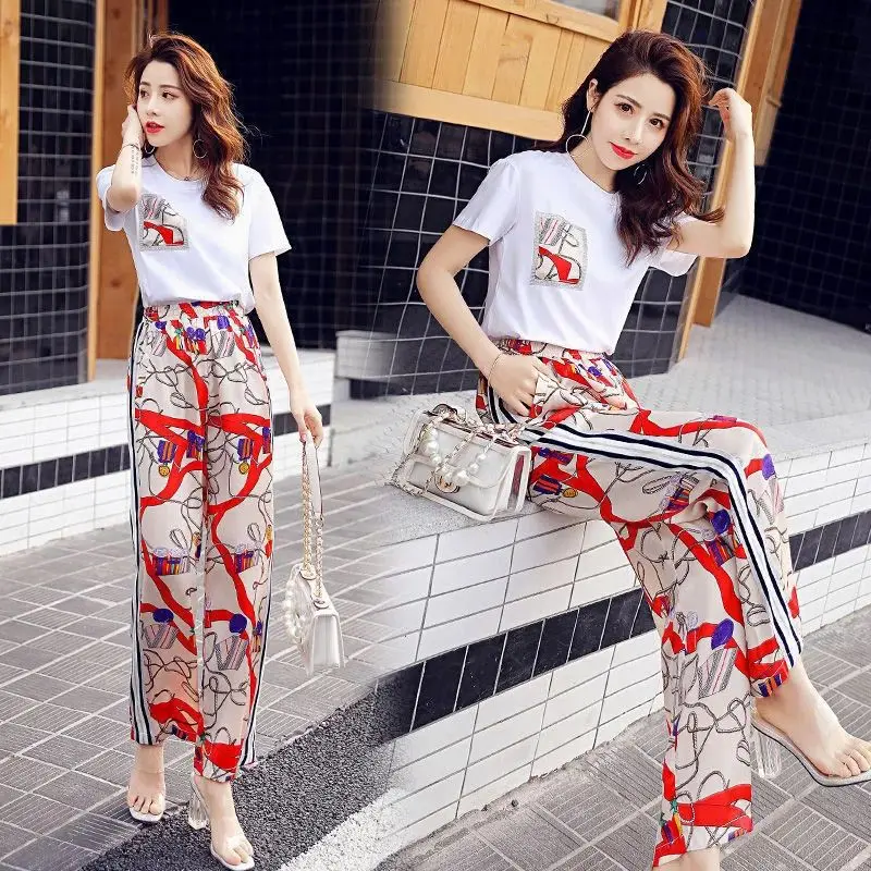 Women Casual Plus Size Clothing Suit 2024 Summer New Fashion Large Korean Short Sleeve Top Wide Leg Pants 2 Two Piece Set Female