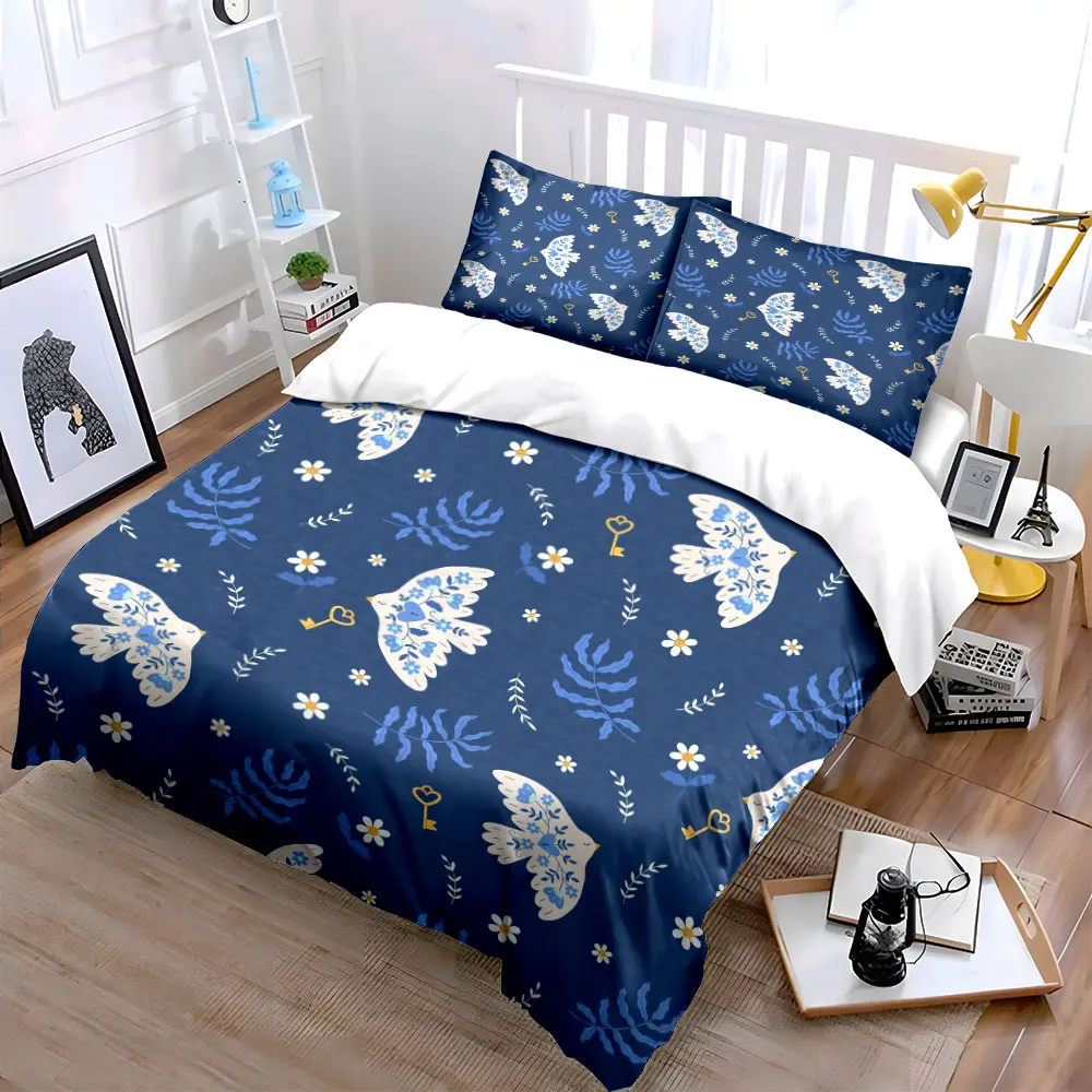 White bird key flowers print leaves Duvet Cover Set with 3D Printing Design Soft Polyester Bedding Set All-Season Comfort