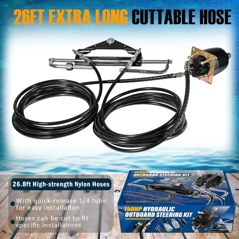 150HP Hydraulic Outboard Steering Kit Boat Marine System, Built-in Two-Way Lock Cylinder, 26ft High-Strength Nylon Hose